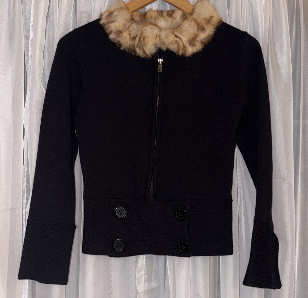 Vintage Cache Black Zip Up Button Sweater Real Fur Collar Women Sz M Silk Blend - Picture 2 of 14